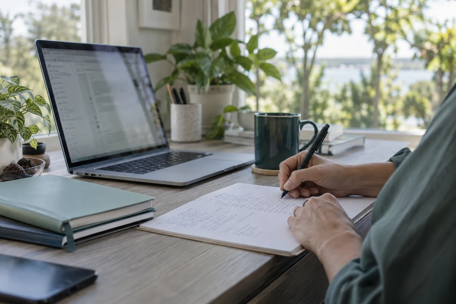 Illustrative worktable with a laptop and notebook in natural light